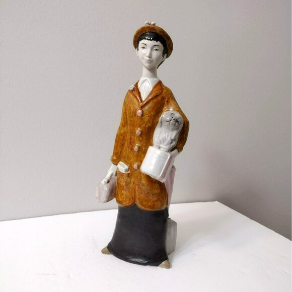 Rare Vintage NALDA Porcelain Figurine Early Lladro Brothers Lady Dog Suitcase